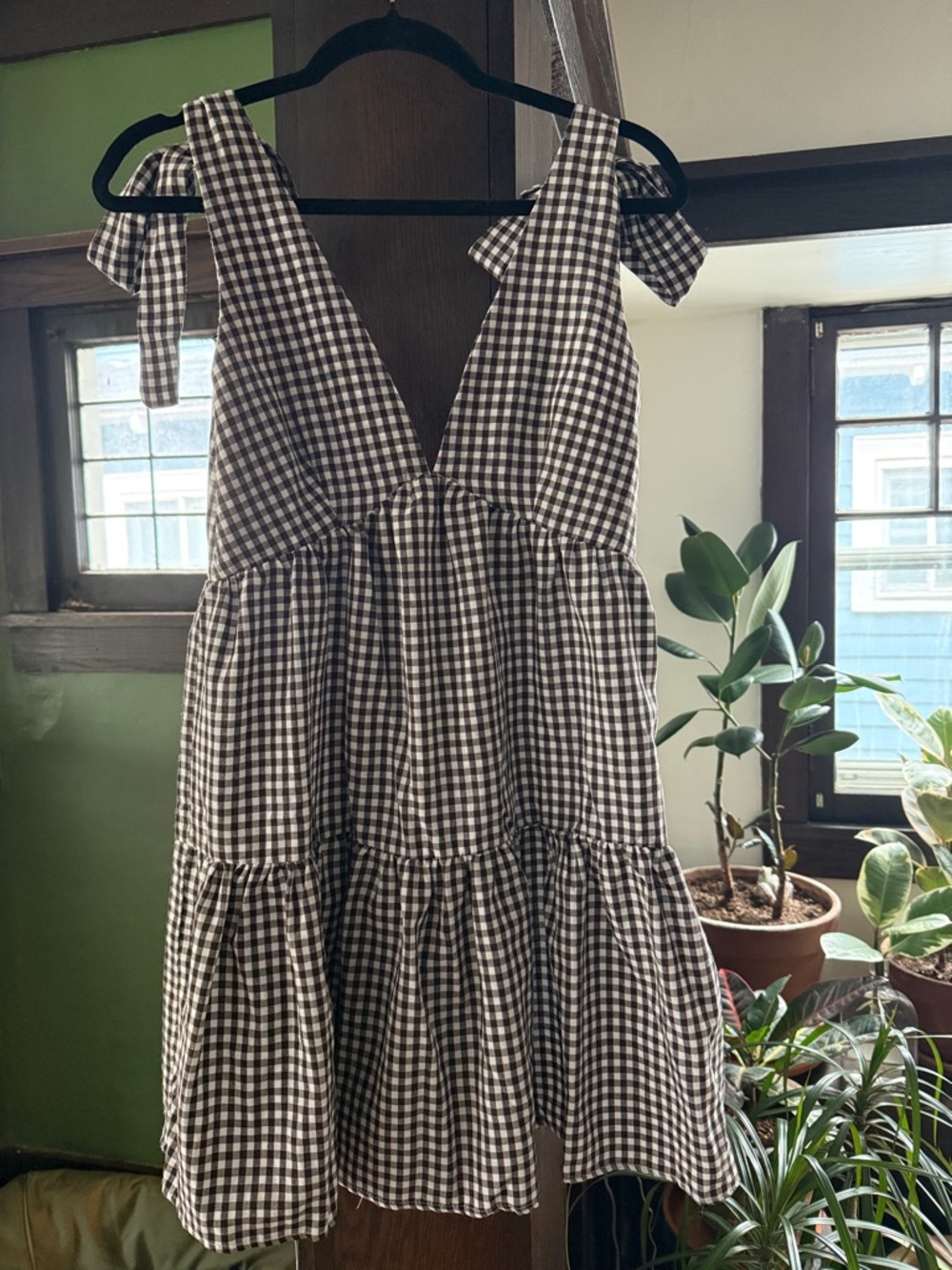 Brown and White Gingham Tie-Strap Sundress
